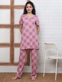 Kanvin - Women Pink Floral Printed Top and Pyjama