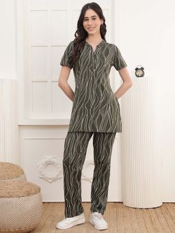 Kanvin - Women Olive Printed Top and Pyjama