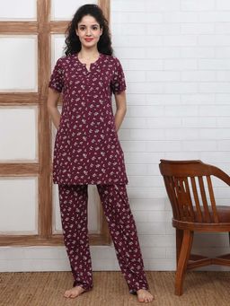 Kanvin - Women Maroon Printed Top and Pyjama