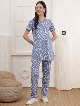 Kanvin - Women Blue Printed Top and Pyjama