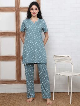 Kanvin - Women Teal Floral Printed Top and Pyjama