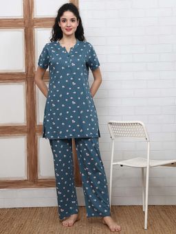 Kanvin - Women Teal Floral Printed Top and Pyjama
