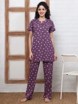 Kanvin - Women Purple Floral Printed Top and Pyjama