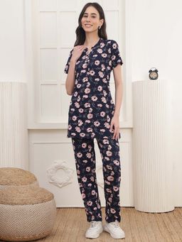 Kanvin - Women Navy Blue Floral Printed Top and Pyjama