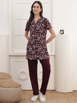 Kanvin - Women Maroon Printed Top and Pyjama