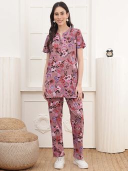Kanvin - Women Pink Floral Printed Top and Pyjama