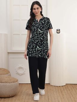 Kanvin - Women Black-Green Printed Top and Pyjama