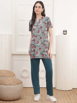 Kanvin - Women Teal Floral Printed Top and Pyjama