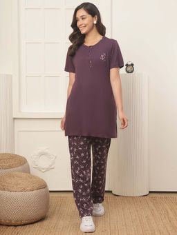 Kanvin - Women Brown Floral Embroidered Top and Pyjama