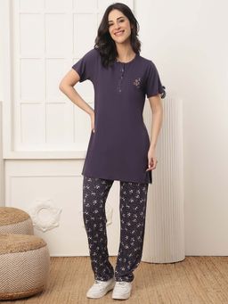 Kanvin - Women Purple Floral Embroidered Top and Pyjama