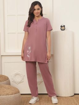 Kanvin - Women Pink Floral Embroidered Top and Pyjama