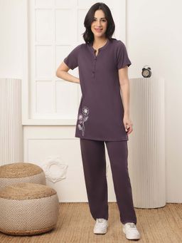 Kanvin - Women Purple Floral Embroidered Top and Pyjama