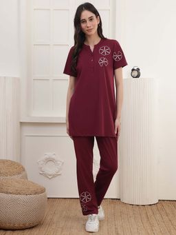 Kanvin - Women Maroon Embroidered Top and Pyjama