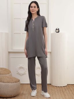 Kanvin - Women Grey Embroidered Top and Pyjama