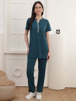 Kanvin - Women Teal Embroidered Top and Pyjama