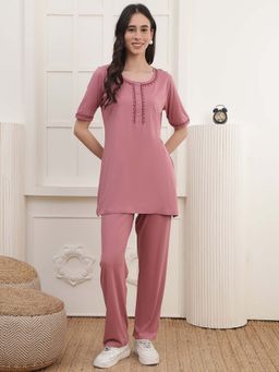 Kanvin - Women Pink Embroidered Top and Pyjama