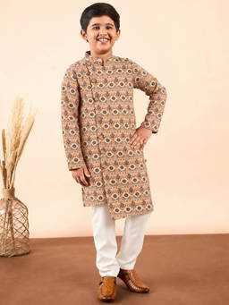 StyloBug - Boys Hand Block Printed Ethnic Wear Kurta & Pyjama Yellow (Set of 2)