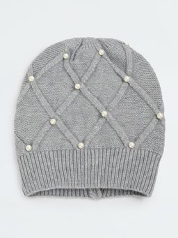 max - Women Pearl Embellished Beanie-Grey