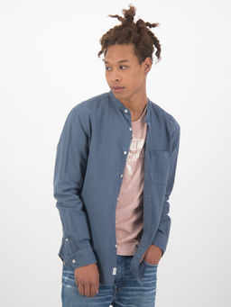 American Eagle - Men Blue Band Collar Linen Shirt