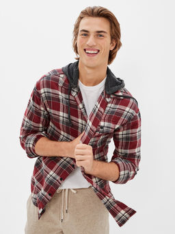 American Eagle - Men Burgundy Super Soft Hooded Flannel