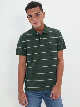 American Eagle - Men Green Striped Polo T-Shirt