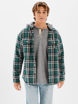 American Eagle - Men Green Super Soft Hooded Flannel Shirt