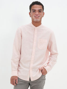 American Eagle - Men Pink Band Collar Linen Button Up Shirt
