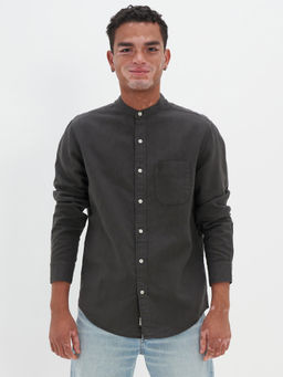 American Eagle - Men Grey Band Collar Linen Button-Up Shirt