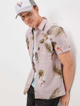 American Eagle - Mens Lavender Tropical Button Up Resort Casual Shirt