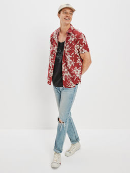American Eagle - Men Red Tropical Button-up Resort Shirt