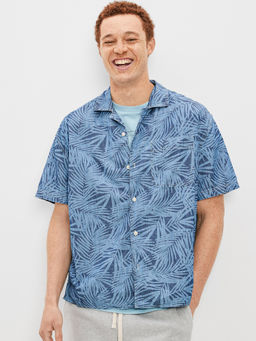 American Eagle - Men Blue Tropical Button Up Poolside Shirt