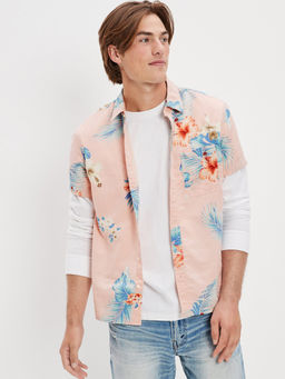 American Eagle - Men Pink Tropical Button Up Resort Shirt
