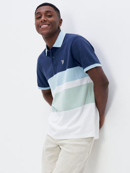 American Eagle - Men Navy Blue Striped Polo T-Shirt