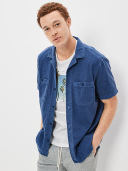 American Eagle - Men Blue Super Soft Knit Button Up Shirt