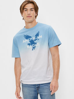American Eagle - Men Blue Super Soft Dip-Dye Logo Graphic T-Shirt
