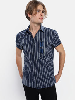 American Eagle - Men Blue Short Sleeve Striped Denim Button Up Shirt