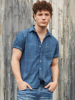 American Eagle - Men Navy Blue Plaid Button-Up Resort Shirt
