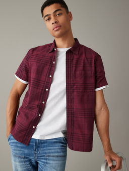 American Eagle - Men Maroon Plaid Button-Up Resort Shirt