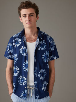 American Eagle - Men Navy Blue Tropical Button-Up Resort Shirt