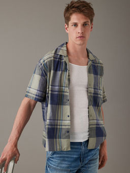 American Eagle - Men Green Plaid Button-Up Pool Side Shirt