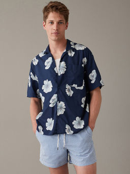 American Eagle - Men Navy Blue Tropical Button-Up Pool Side Shirt