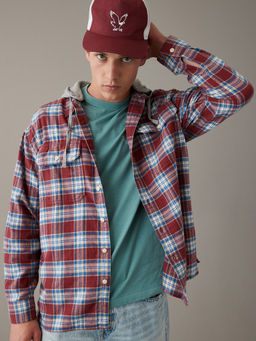 American Eagle - Men Red Super Soft Hooded Flannel Shirt