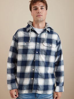 American Eagle - Men Blue Super Soft Hooded Flannel Shirt