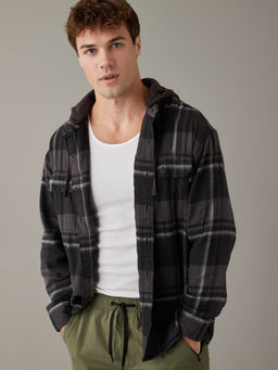 American Eagle - Men Black Super Soft Hooded Flannel Shirt