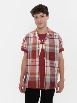 American Eagle - Men Red Plaid Button-Up Poolside Shirt