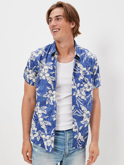 American Eagle - Men Blue Tropical Button-Up Resort Shirt