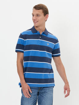 American Eagle - Men Blue Striped Pique Polo T-Shirt