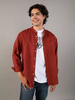 American Eagle - Mens Red Linen Button-Up Shirt