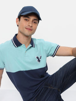 American Eagle - Men Blue Colorblock Pique Polo T-Shirts