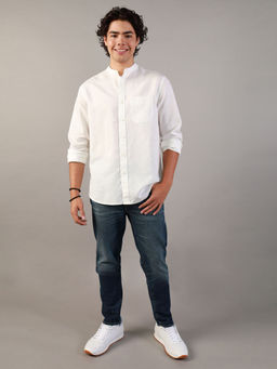 American Eagle - Men White Band Collar Linen Button-Up Shirt